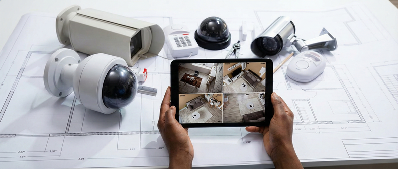 Smart CCTV cameras on a blueprint with a person holding a tablet showing live footage from the cameras